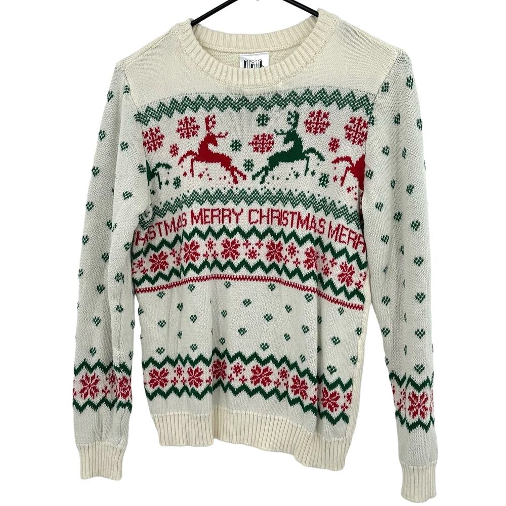 IML Size Small Christmas Sweater White Reindeer‎ Knit Pullover Holidays Santa